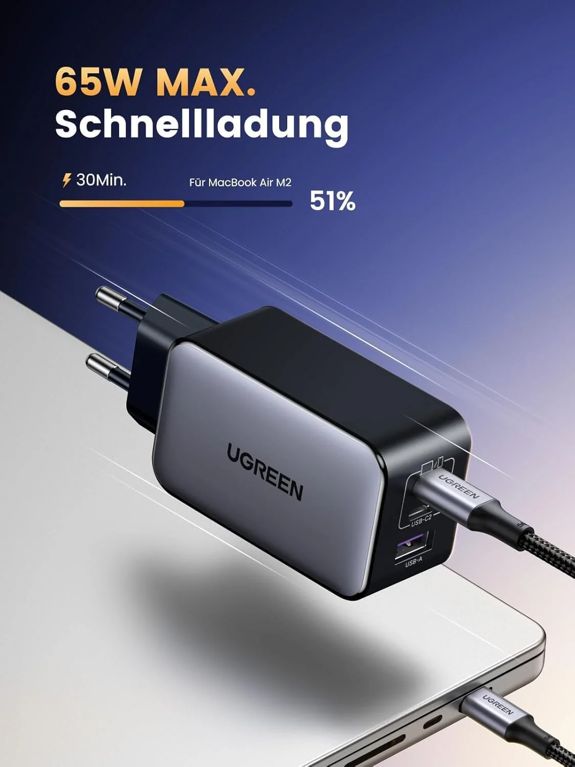 UGREEN Carregador 65W USB C - Fonte de Alimentação USB Tipo C - Carregador de 3 Portas - PD Rápido GaN - Suporta 20W USB C - Compatível com MacBook ProAir, iPhone 15141311 iPad, Samsung, XiaoMi — foto 2