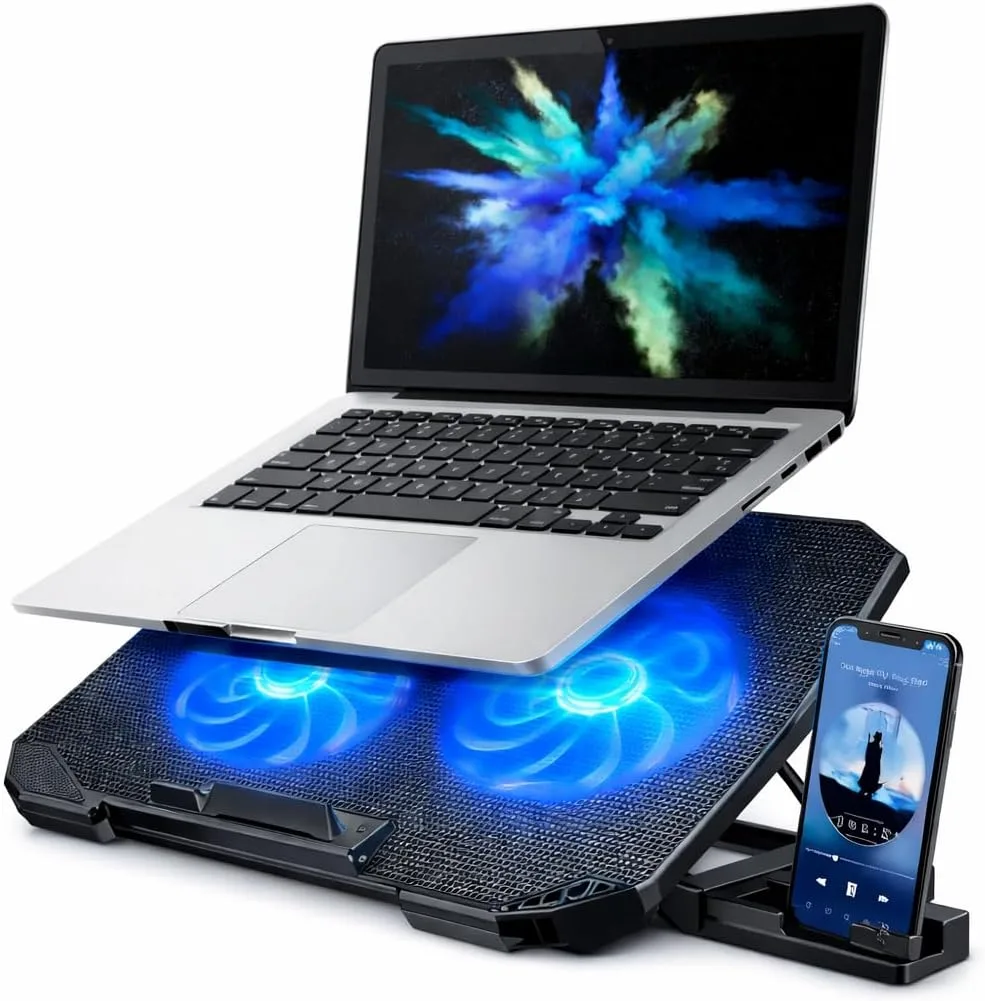 Suporte para Notebook Base Ergonômica Silencioso LED Azul 8 Níveis de Altura Refrigerada com 2 Coolers Potentes e com Suporte de Celular Integrado Premium — foto 1