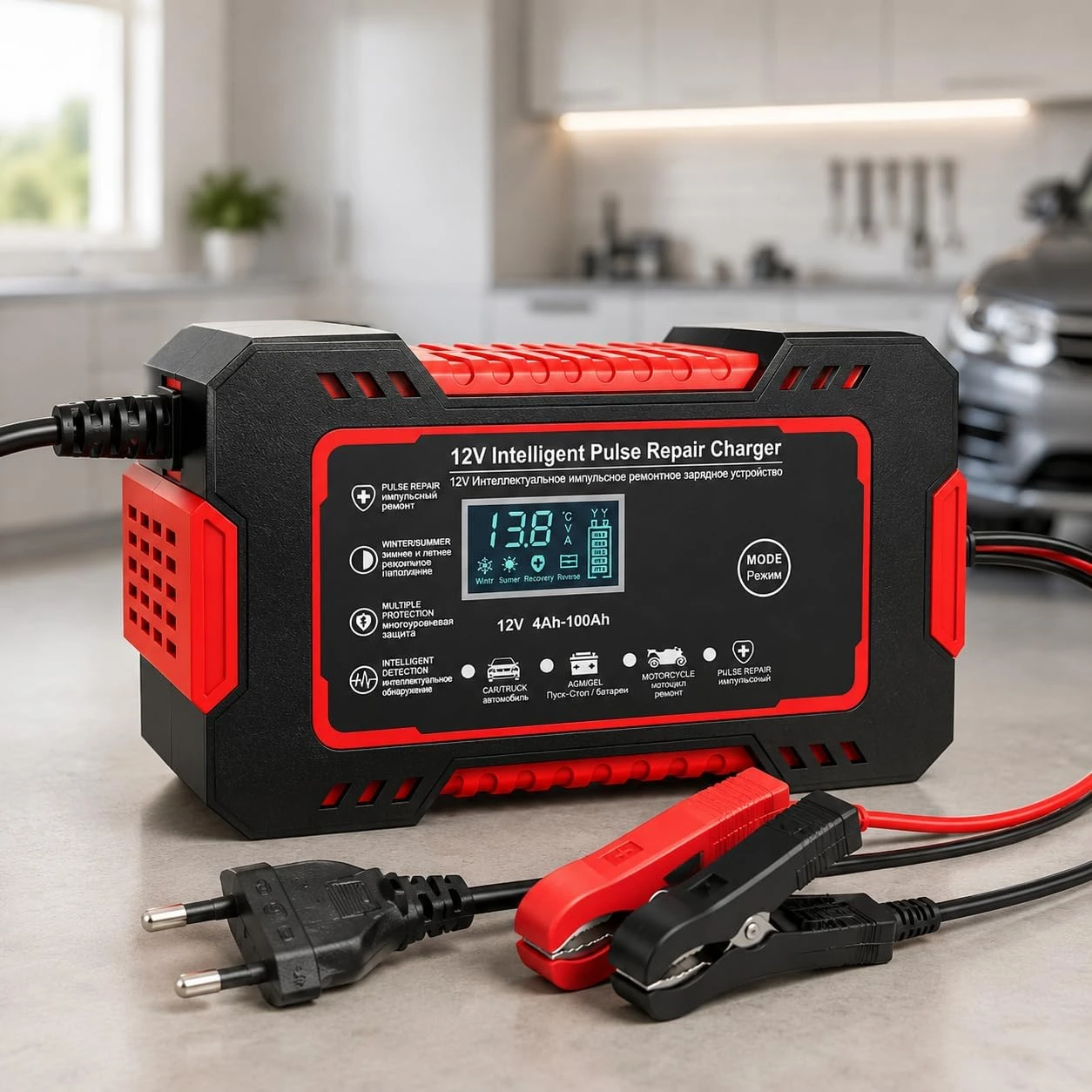 Carregador de Bateria Inteligente 12V 6A Bivolt com Display Digital, Proteção Contra Sobrecarga, Curto-Circuito e Superaquecimento para Carro, Moto e Caminhão — foto 2