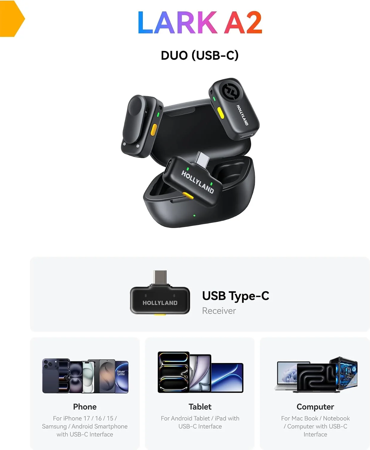 Hollyland LARK A1 Duo – Microfone Sem Fio Mini para iPhone 1516 e Android (2TX  USB-C RX — foto 2