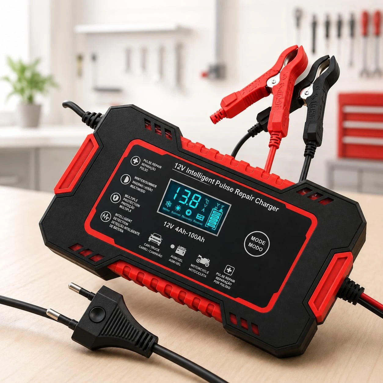 Carregador de Bateria Inteligente 12V 6A Bivolt com Display Digital, Proteção Contra Sobrecarga, Curto-Circuito e Superaquecimento para Carro, Moto e Caminhão — foto 1