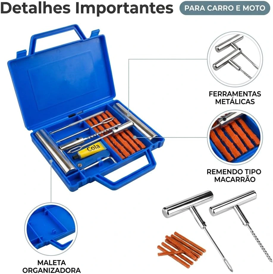 Kit Reparo de Pneu 12 Peças com Maleta Macarrão Carro Moto Bike sem Câmara — foto 3