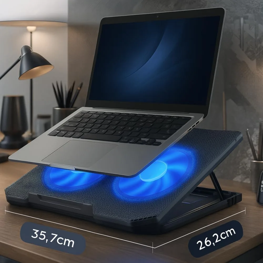 Suporte para Notebook Base Ergonômica Silencioso LED Azul 8 Níveis de Altura Refrigerada com 2 Coolers Potentes e com Suporte de Celular Integrado Premium — foto 6