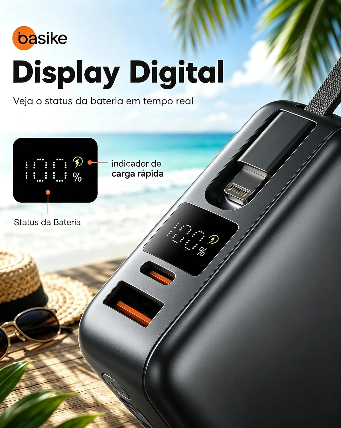 Basike Carregador Portátil, Power Bank 20000mAh com Cabos Integrados(Cinza) — foto 3