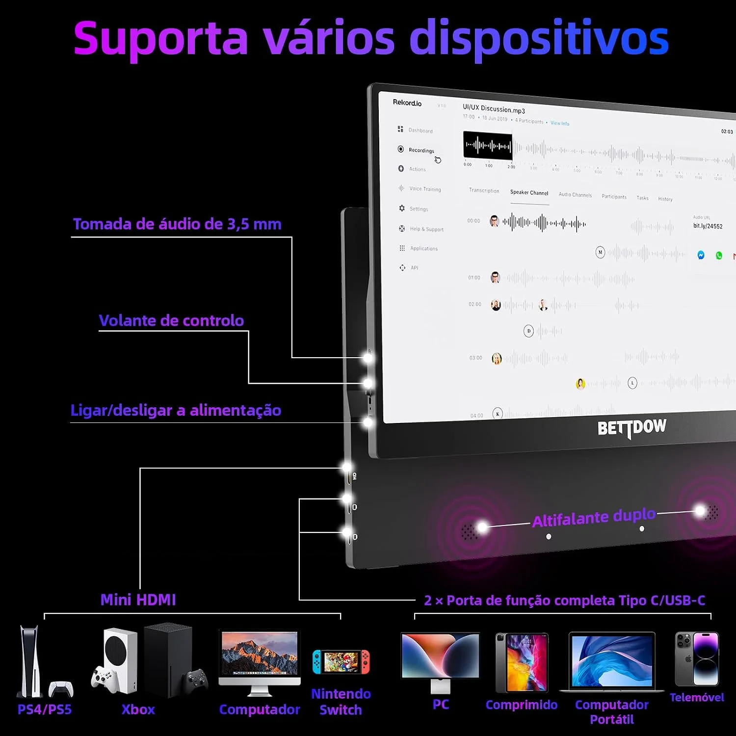 Bettdow Monitor Portatil 15,6, FHD 1080P Monitor Portátil Conectado Com USB C DuplaHDMI, IPS Extensor De Tela para Notebook com VESA e Funda Inteligente magnético, Plug and Play — foto 3