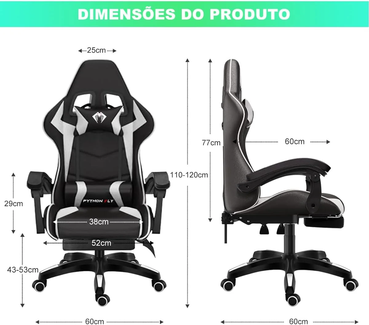 Cadeira Ergonomica Gamer Com Apoio Para Os Pés Branco — foto 2