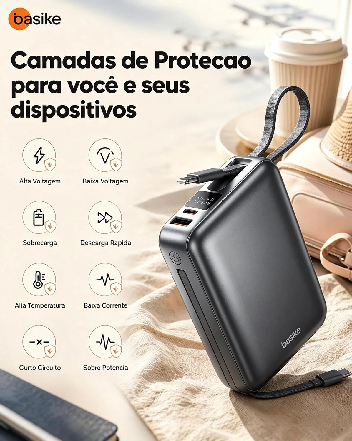 Basike Carregador Portátil, Power Bank 20000mAh com Cabos Integrados(Cinza) — foto 2