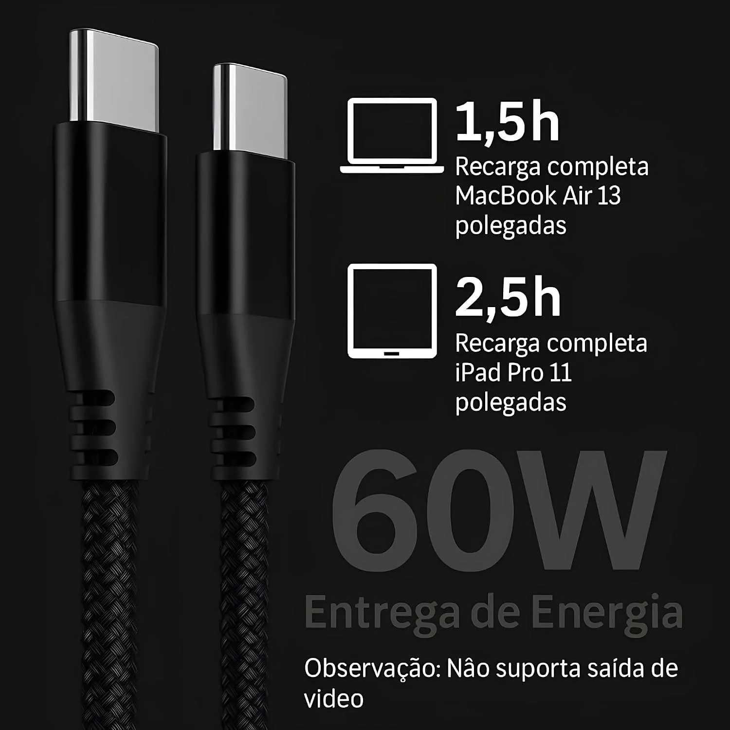 Cabo USB-C Tipo C Turbo 60W Premium Ultra Rápido Nylon Trançado e Reforçado Android e Iphone Notebook Tablet Carregamento Transferência de Dados — foto 7