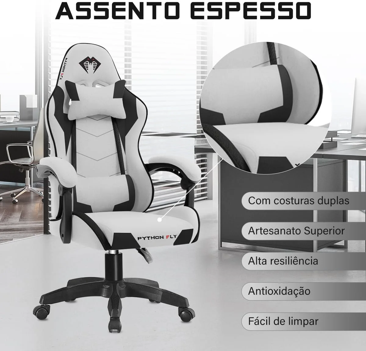 Cadeira Gamer Python Fly em tecido, respirável e ecológica, ângulo ajustável (Cinza Claro) — foto 4