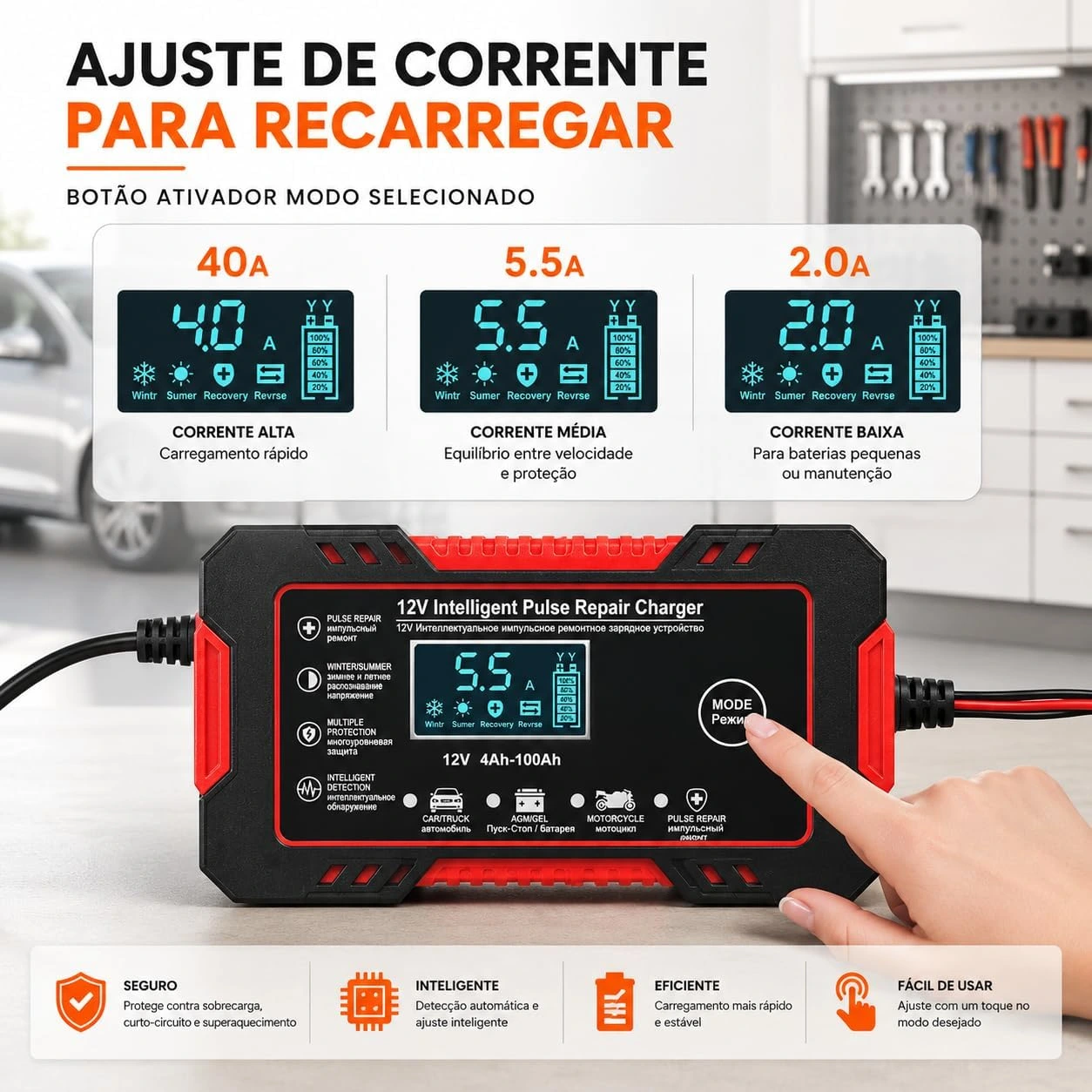 Carregador de Bateria Inteligente 12V 6A Bivolt com Display Digital, Proteção Contra Sobrecarga, Curto-Circuito e Superaquecimento para Carro, Moto e Caminhão — foto 6