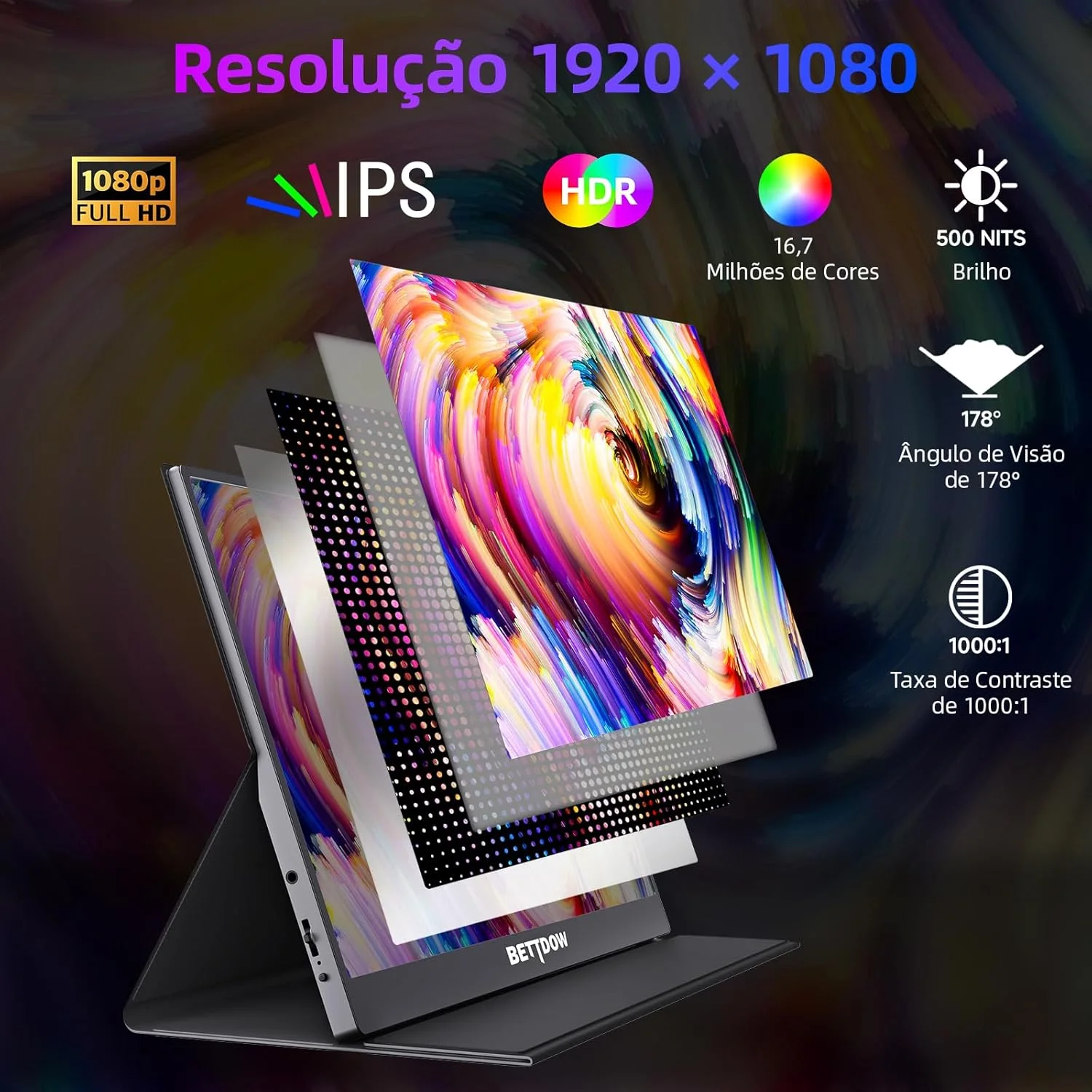 Bettdow Monitor Portatil 15,6, FHD 1080P Monitor Portátil Conectado Com USB C DuplaHDMI, IPS Extensor De Tela para Notebook com VESA e Funda Inteligente magnético, Plug and Play — foto 2