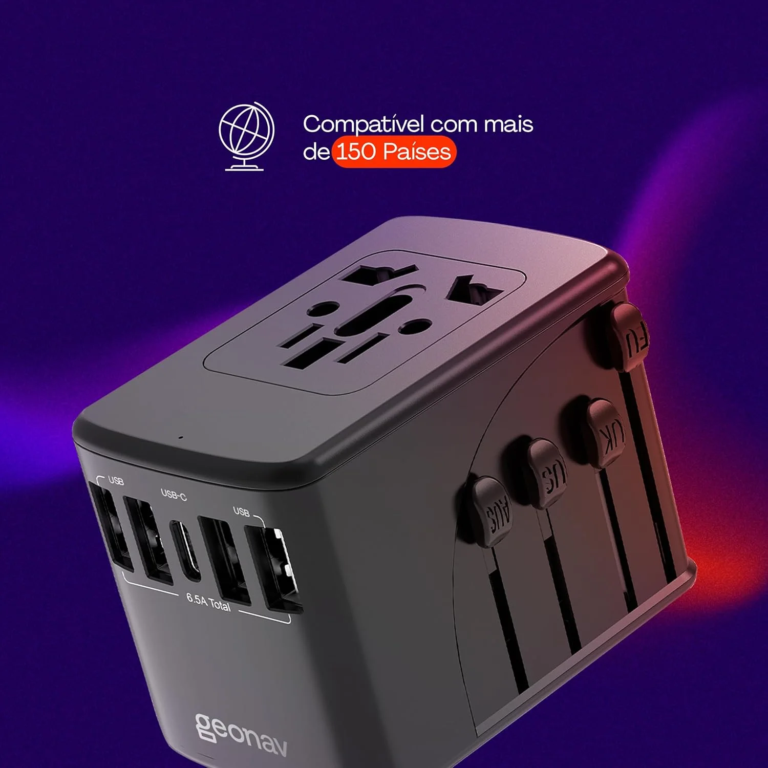 Geonav Carregador Universal com Adaptadores de Viagem, 4 Portas USB  1 USB-C (Preto) — foto 2