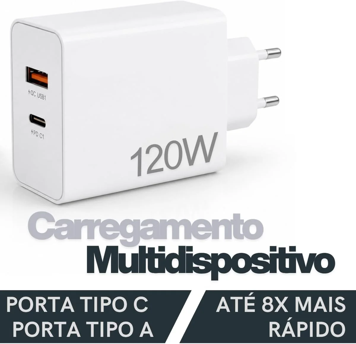 Carregador Super Turbo 120W Dual Port - USB-C Tipo-C e USB-A - Compatível com iPhones, Motorola, Xiaomi, Samsung e mais. Cabo USB-C. Ultra rápido Premium — foto 2