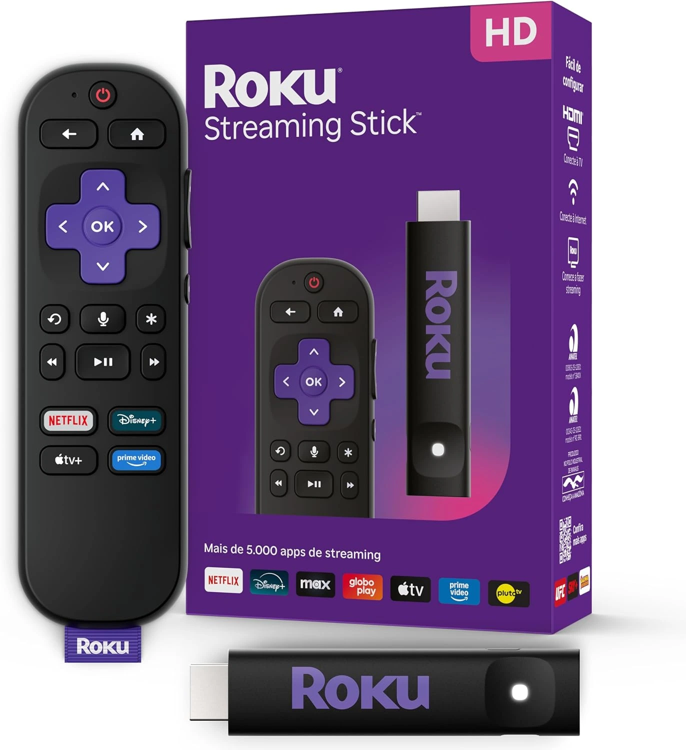Roku Streaming Stick HD 2025  Dispositivo de streaming para TV HDFHD com controle remoto por comando de voz compatível com Alexa, Siri e Google