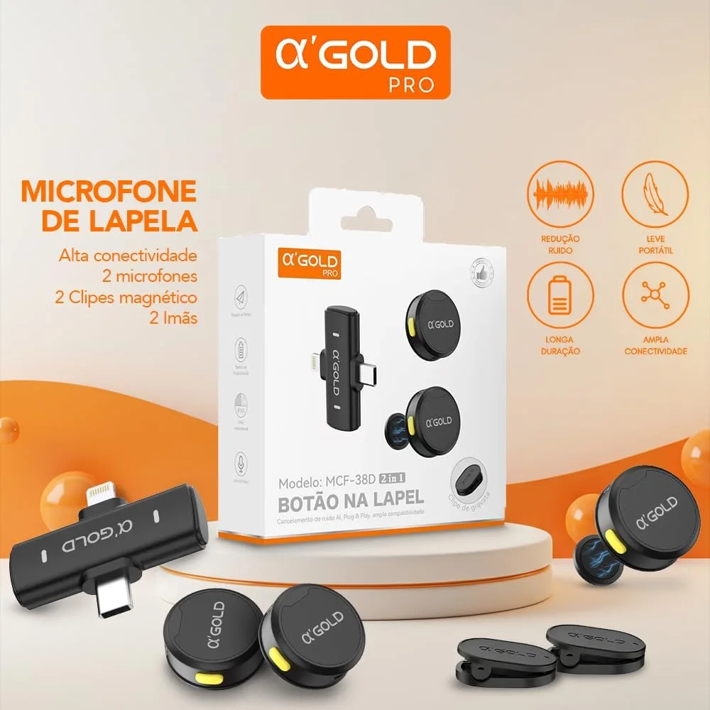 Microfone de Lapela Sem Fio Bluetooth Kit 2 Microfonones Abafamento de Ruído Até 10 Horas Tempo de Trabalho Compatível com Camera, iPhone, Android, PC - Conexão Android e USB-C - Linha AGold Premium — foto 2