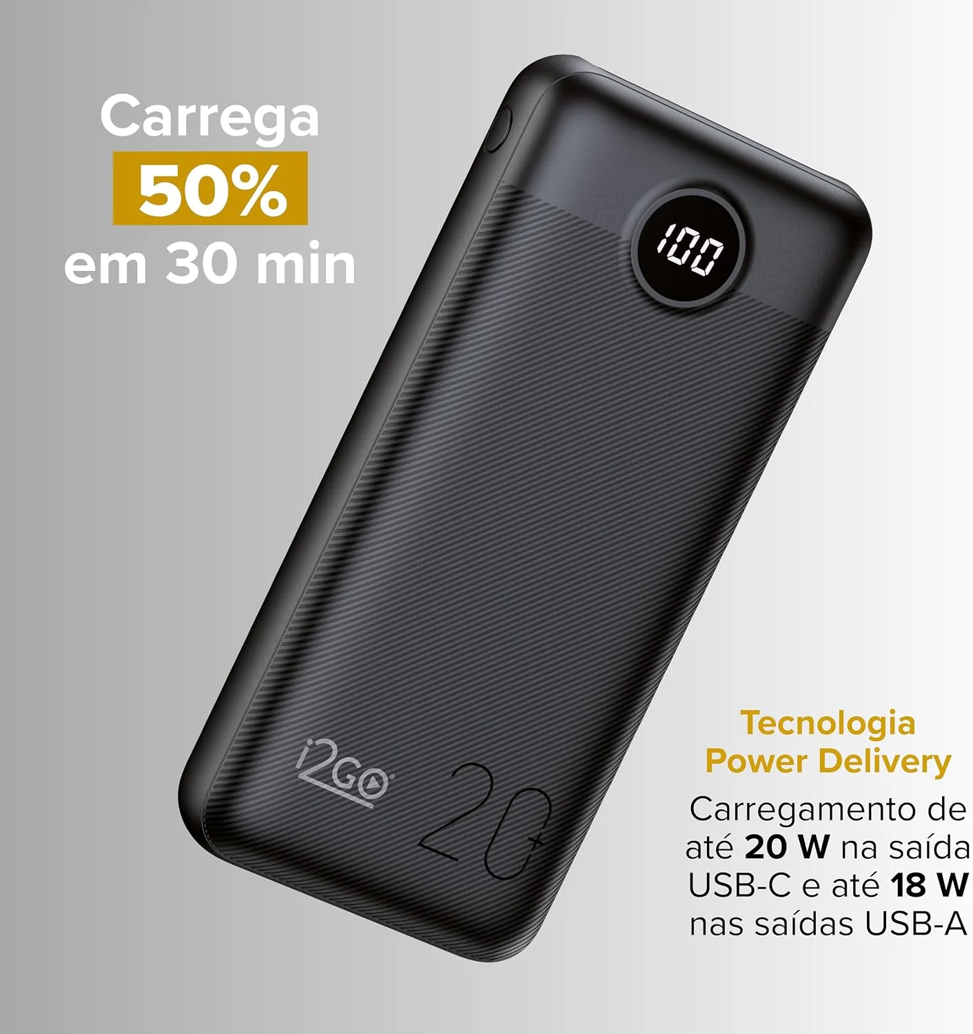 I2GO, Carregador Portátil (Power Bank) Ultra Rápido 20000mAh, Power Delivery 20W, 2 Saídas USB  1 SaídaEntrada USB-C, Preto, i2GO PRO — foto 3