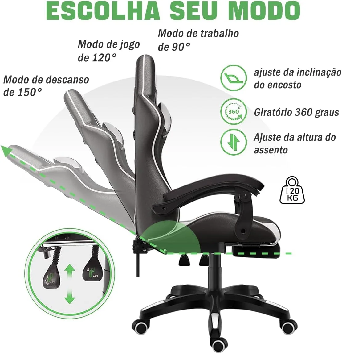 Cadeira Ergonomica Gamer Com Apoio Para Os PésVerde) — foto 4