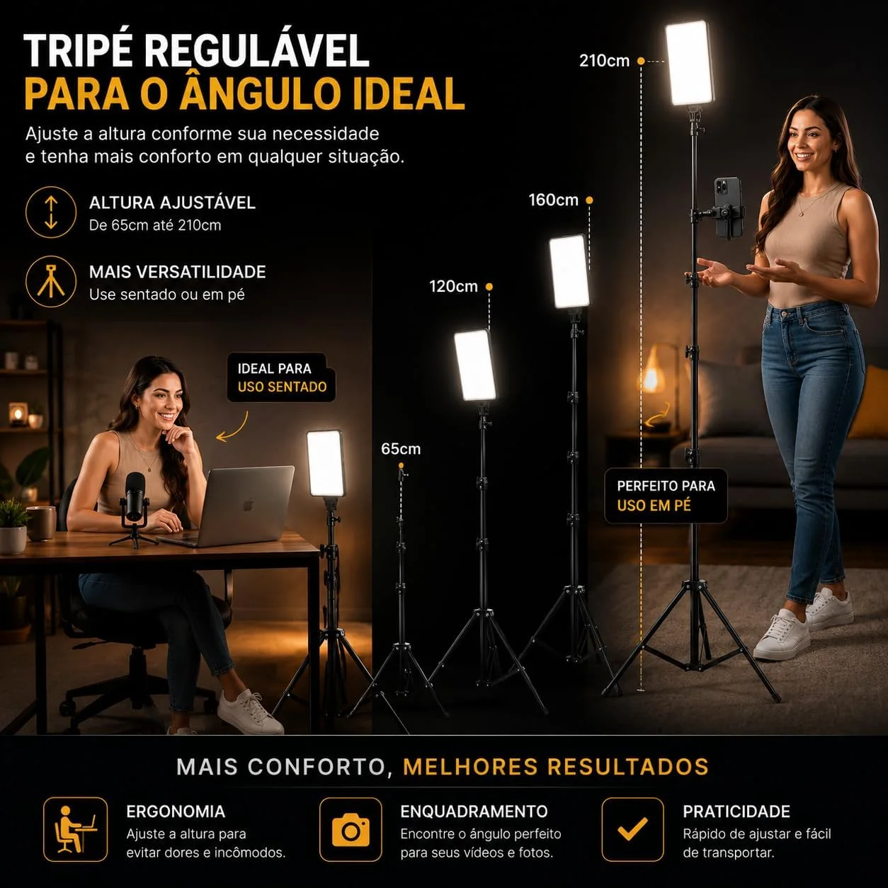 Painel de Luz LED Profissional 16 com Tripé 2.1M Ajustável para Foto, Vídeo, Streaming, Maquiagem e Gravação de Conteúdo — foto 3