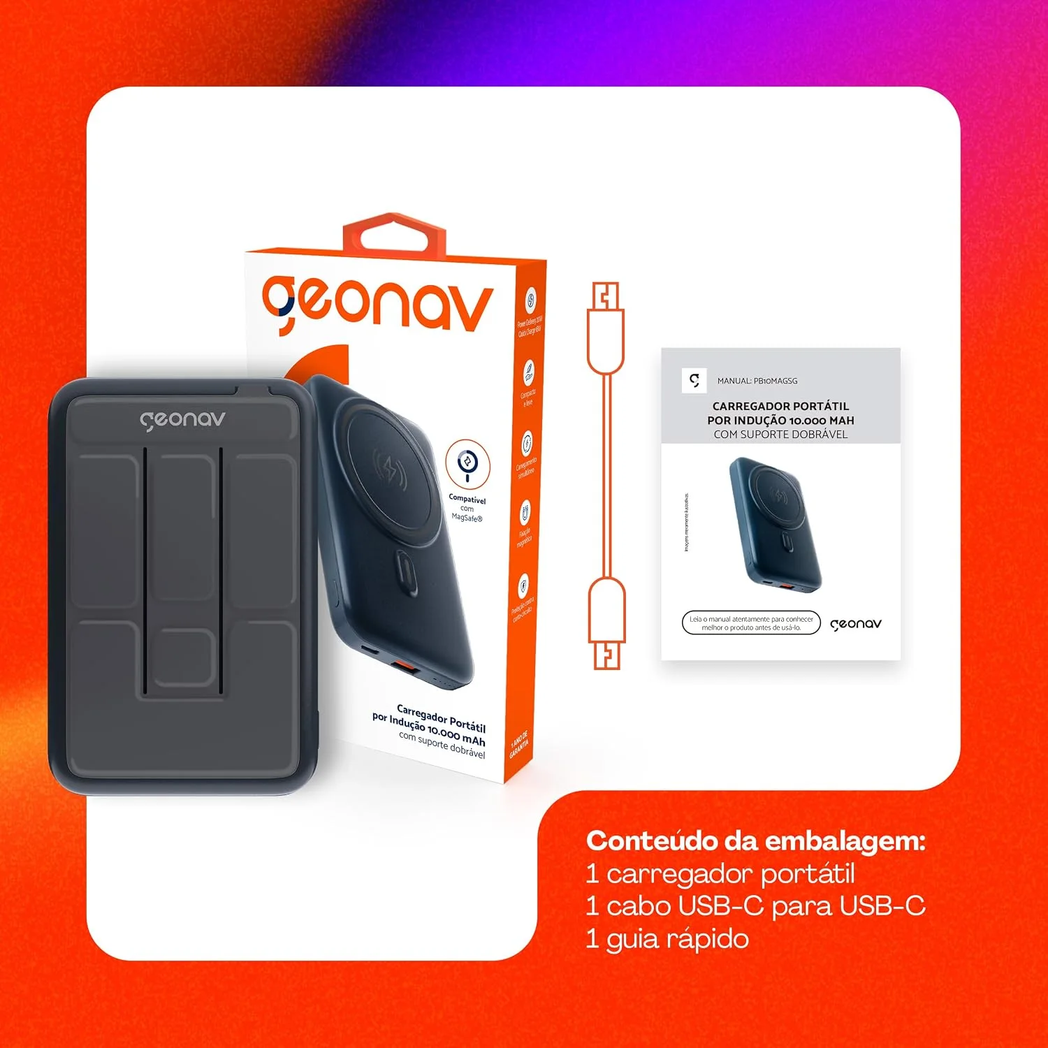 Geonav Power Bank, Carregador Portátil Universal por Indução 10.000mAh, Carregamento rápido, Suporte Dobrável, Compatível com MagSafe, PB10MAGSG, Cinza — foto 8
